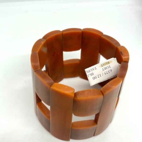 VINTAGE RUST BROWN GEOMETRIC STRETCH BANGLE MODERNIST PLASTIC BAKELITE LOOK - Picture 4 of 10